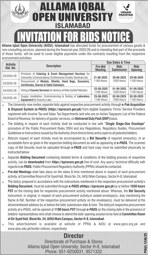 Allama Iqbal Open University Islamabad Tender Notice